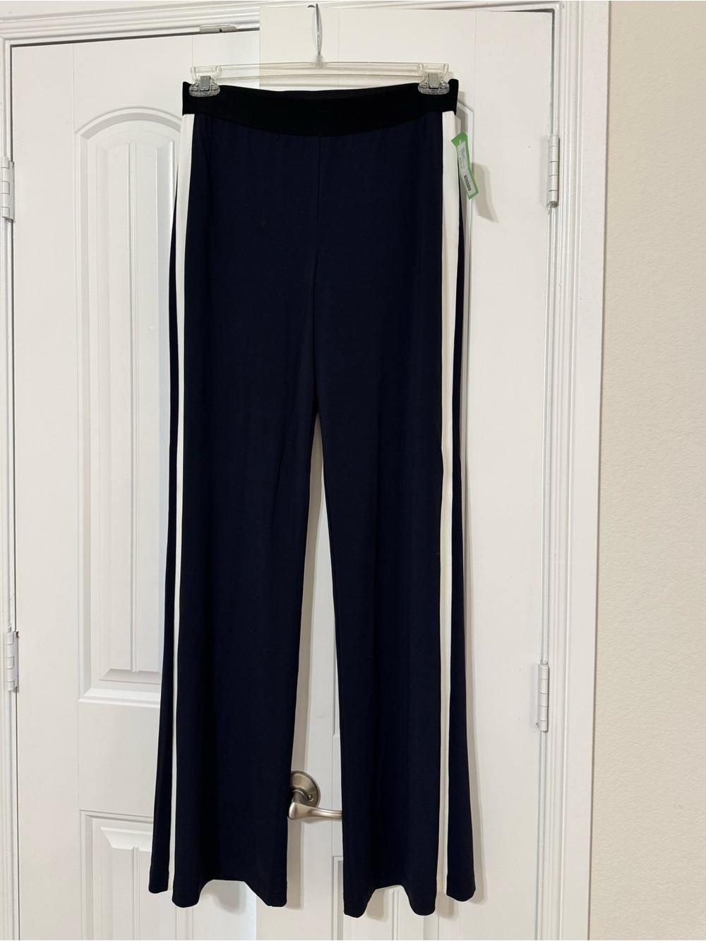 Iris Setlakwe Navy Wide-Leg Pants with White Side Stripes and Black Waistband